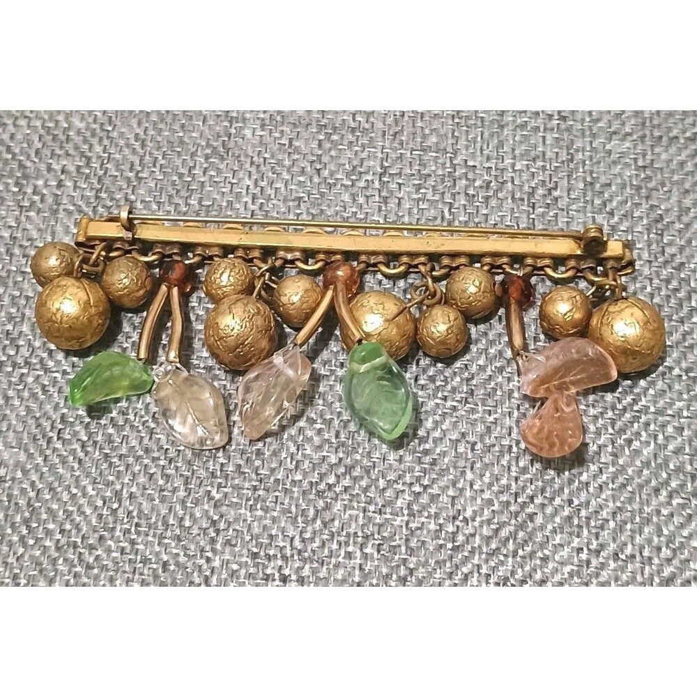 Vintage Bar Brooch Dangling Golden Fruit Glass Leaves C Clasp Gold Tone Brooch